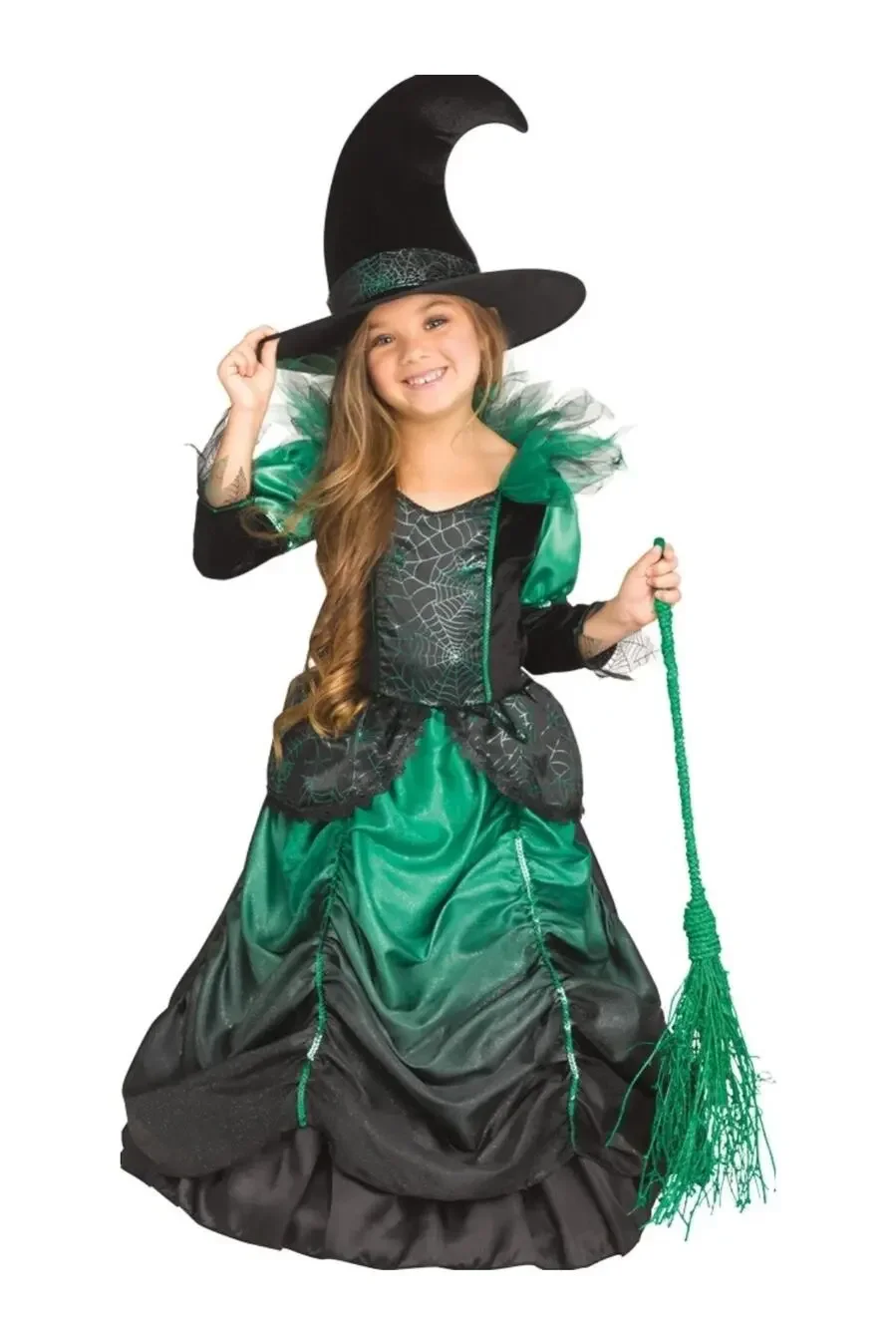 Girl's Emerald Green Witch Halloween Costume Dress With Hat Cosplay Size XL 4-6